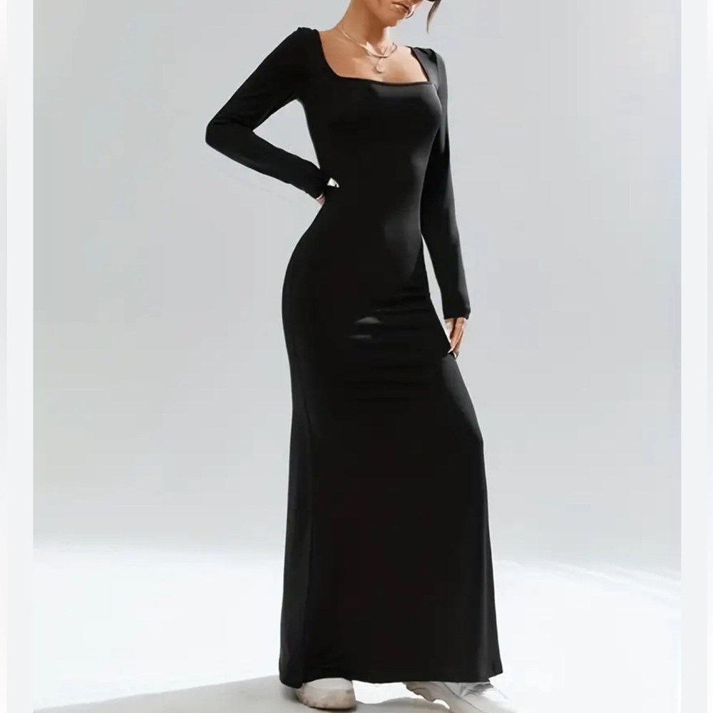 🔴 4/$15 Francesca's Women’s M Black Ribbed Soft & Stretchy LS Maxi Dress in EUC